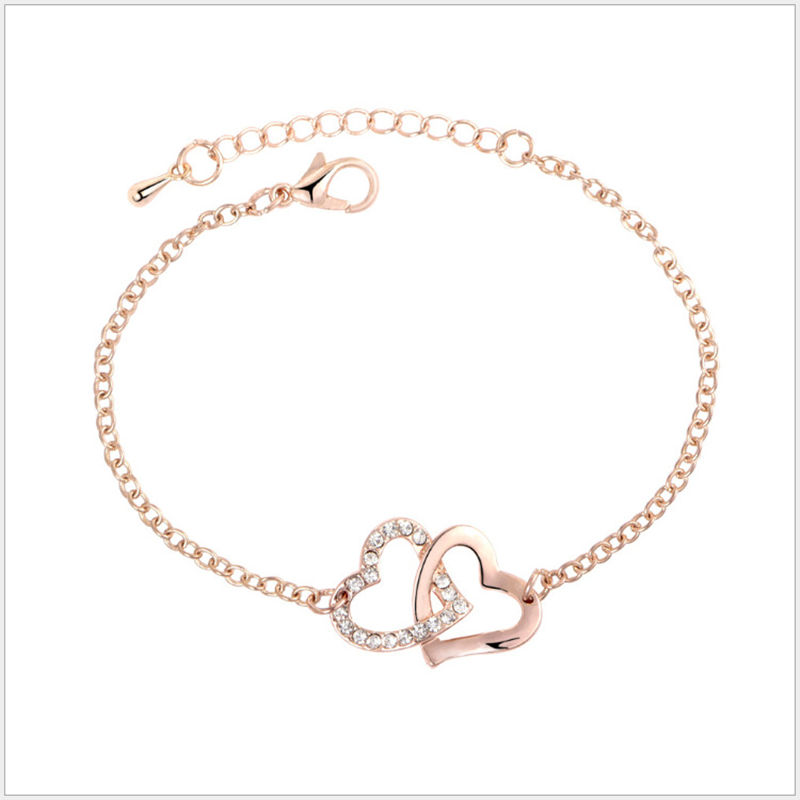 Gelang Desain Hati Ganda Aksen Berlian Warna Rose Gold Dan Silver Gaya Korea