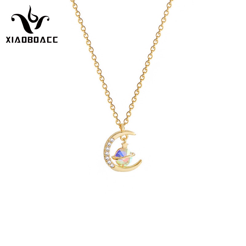 XiaoboACC Kalung Rantai Klavikula Bahan Titanium Steel Lapis Emas Hias Liontin Bulan Kristal Zirkon Ukuran - 38CM+6CM