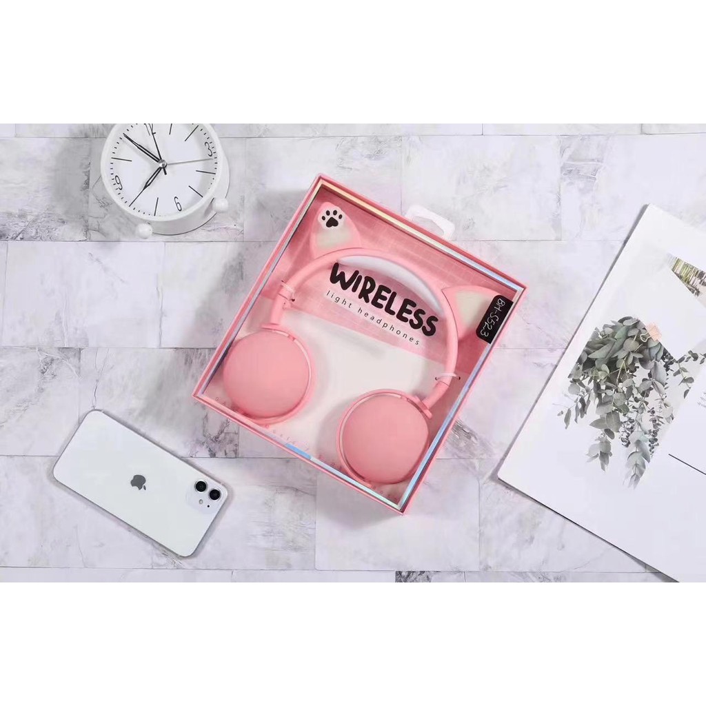 Headset Anak Perempuan Headset Bluetooth bh-s523 model kucing LED Lucu lampu cat
