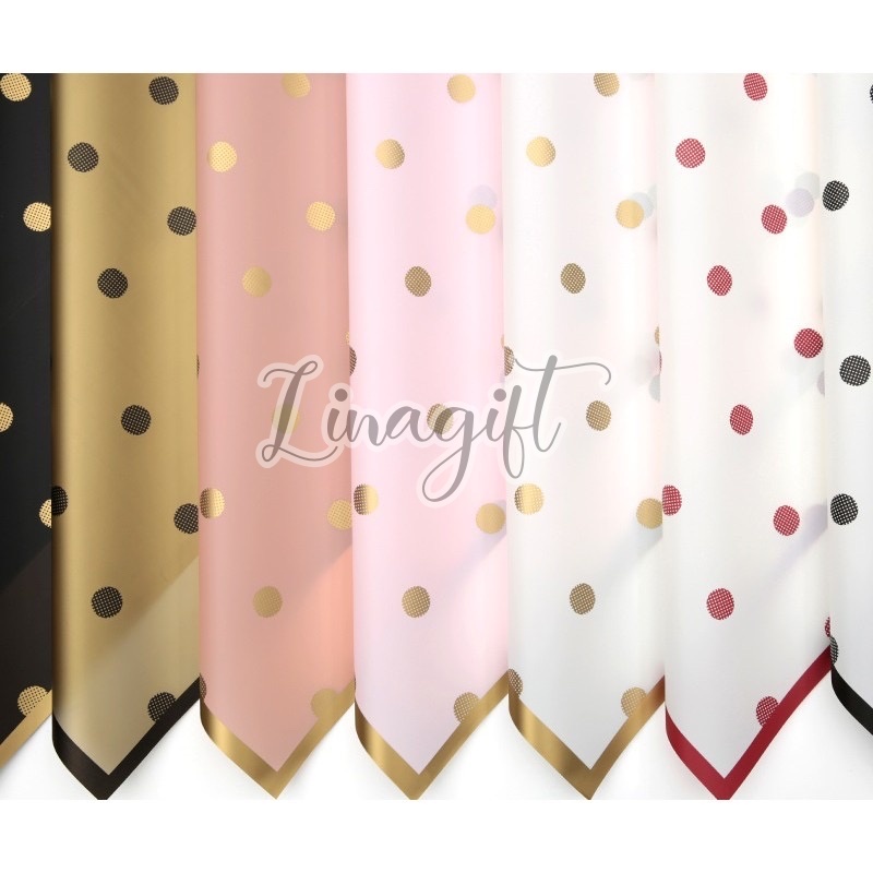 ( 5 Lembar ) TRANSLUCENT POLKADOT - FLOWER WRAPPING PAPER POLKADOT LIS EMAS CELLOPHANE PLASTIC GOLD KERTAS BUNGA BUKET FLORIST