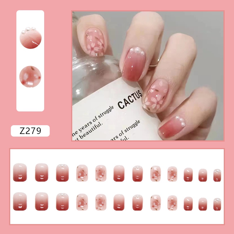 24pcs / Kotak Kuku Palsu Desain Bunga Kecil Warna Pink Gradasi Aksen Berlian Imitasi Untuk Dekorasi Nail Art