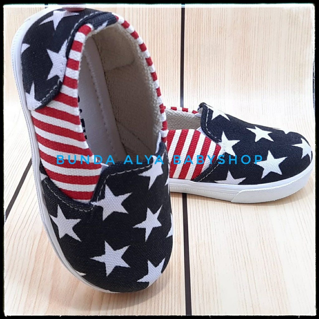 Sepatu Anak Laki Laki 1- 6 Tahun HITAM Bintang - Sepatu Anak Cowok Slip On Stripe Size 22 - 35 Sepatu Anak Unisex Cewek Cowok