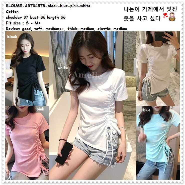 Baju Atasan Serut Blouse Korea Import AB734578 Blue Tosca Pink White Black Hitam Putih
