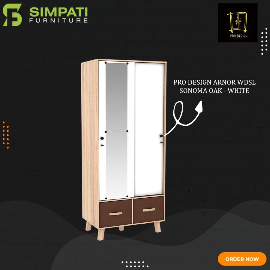 Lemari Pakaian 2 Pintu Sliding Pro Design WDSL Sonoma Oak - White