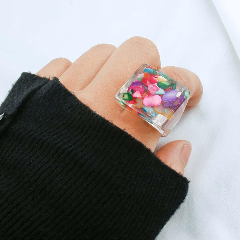 Mxbeauty Cincin Resin Liar Berlebihan Transparan Warna-Warni Manik Batu Perhiasan Fashion