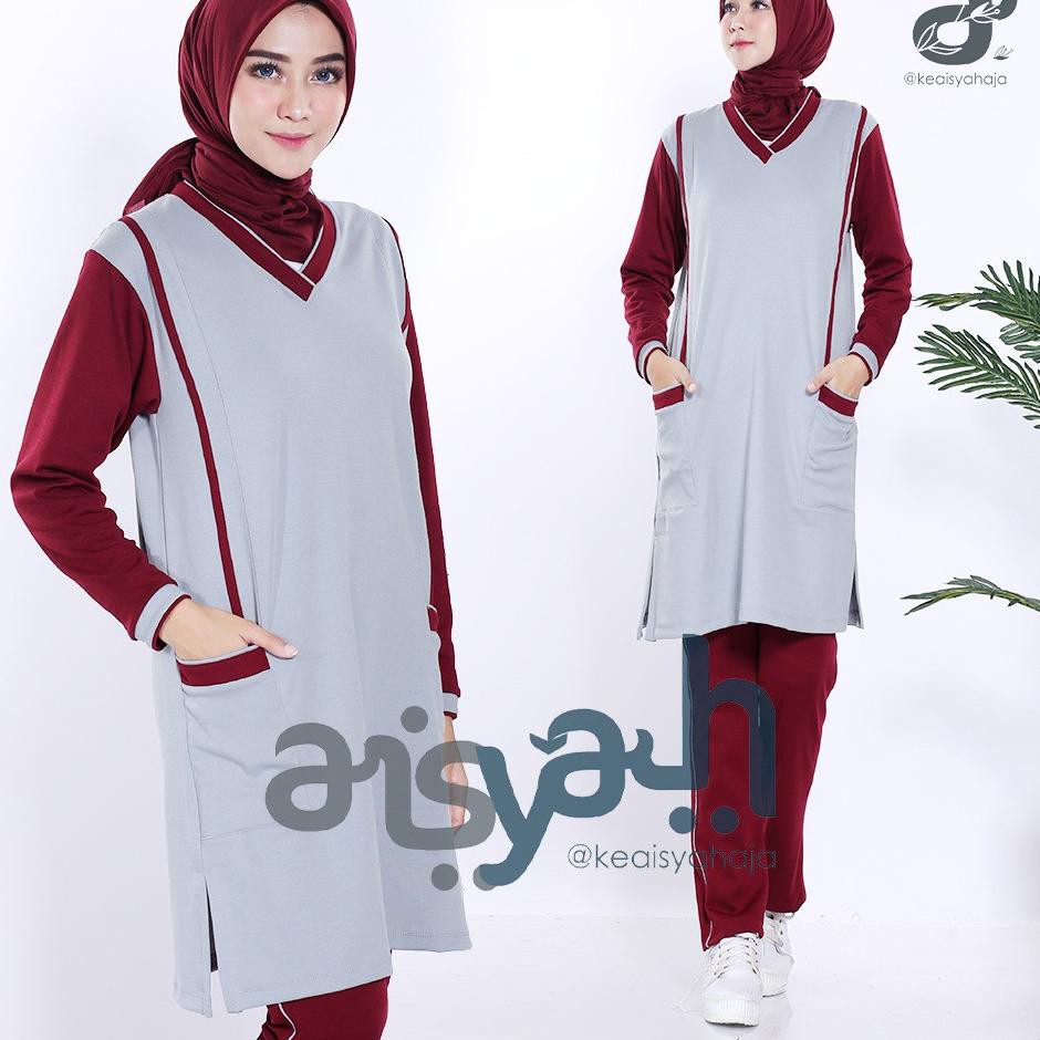 Terlaris<><>qdw-865   Baju Senam Muslim Syari Silver maroon/ ines sport   dengan saku L - 5L super J