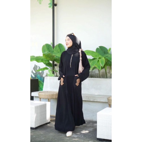 GAMIS ABAYA ZIPER SAKU TEROMPAH BUSUI  JETTBLACK APP SAKU KANAN KIRI HIDUP