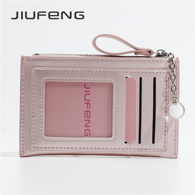 JIUFENG Dompet Kartu Bahan PU Aneka Warna Aksen Ritsleting untuk Wanita