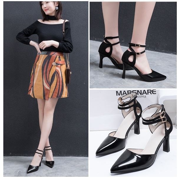 BJS1901 - BLACK/RED - Sepatu Heels Ankle Strap Elegan Modis 8cm SEPATU PESTA SEPATU KERJA FORMAL MODEL TALI WANITA HIGH HEELS SEPATU HAK FASHION IMPORT TERMURAH TERLARIS TERBARU BAGSTORE JAKARTA JSH1901