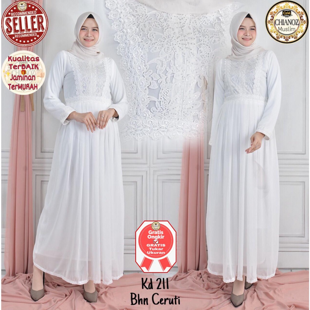 CHIANOZ Gamis Putih Mewah Siska Dress Brukat Renda Baju Lebaran Umroh Haji Manasik Pesta Akad 211 912