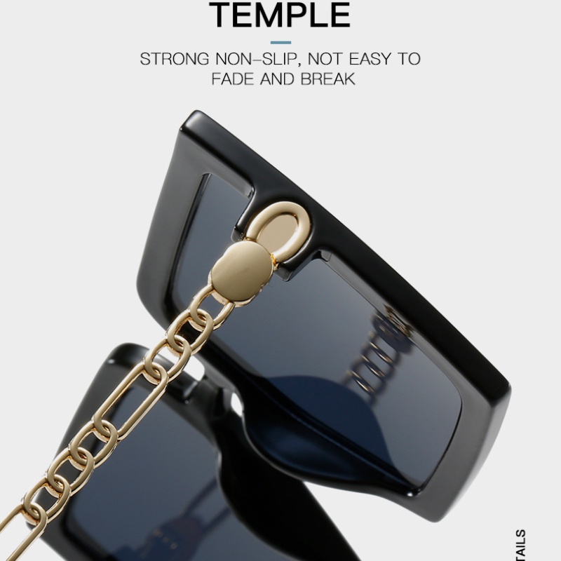 (YUZHU) New Retro Square Frame Sunglasses Female Chain Type Metal Temple Sunglasses