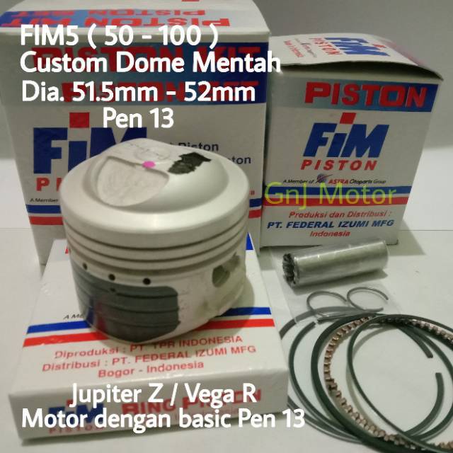 Piston FIM Racing Kit Jupiter Z, Vega R Teflon Dia. 51.5, 52 mm Pen Pin 13 Custom Dome Mentah