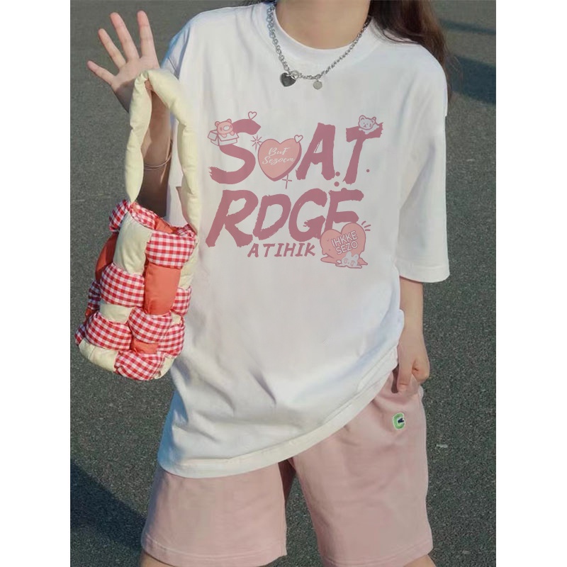 EUNII T-shirt Lengan Pendek Cute Pink English Korean Style/Kaos Atasan Wanita/Baju Kaus Oversize Wanita/Kaos Wanita