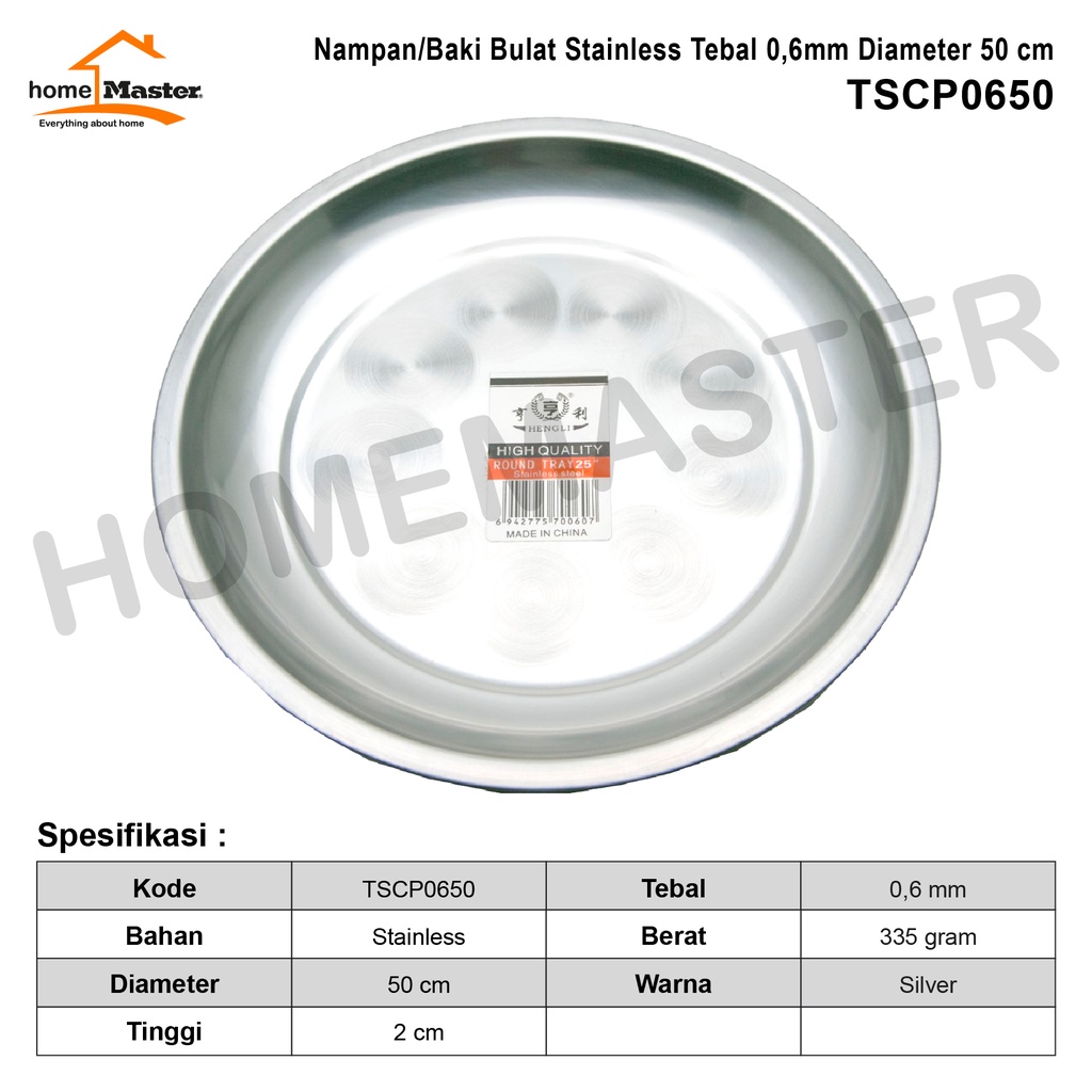 HomeMaster Nampan/Tray/Baki Bulat/Round Stainless Tebal/Thickness 0.6mm Polos Diameter 50 CM TSCP065
