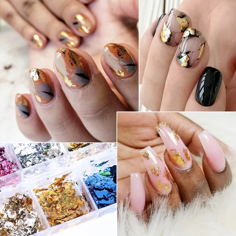 12 Warna / Pak Stiker Kuku Foil Emas Glitter Asimetris Untuk Aksesoris Nail Art / Manicure