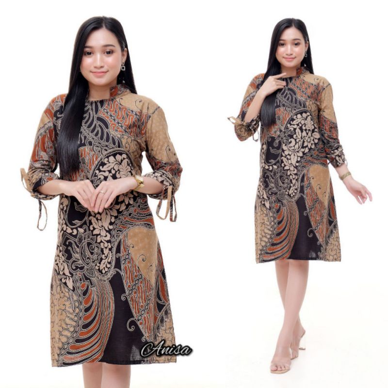 Tunik Batik Wanita Modern Terbaru JUMBO M L XL XXL Atasan Batik Wanita Seragam Murah-Cap coklat