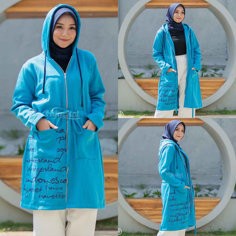 Jaket Jacket Panjang Wanita Cewek Hoodie Muslimah Hijaber Remaja Dewasa Terbaru Kekinian Hijacket UB-Biru