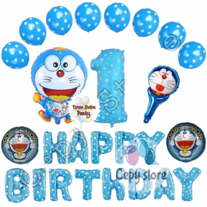 Balon foil set happy birthday / paket ulang tahun doraemon