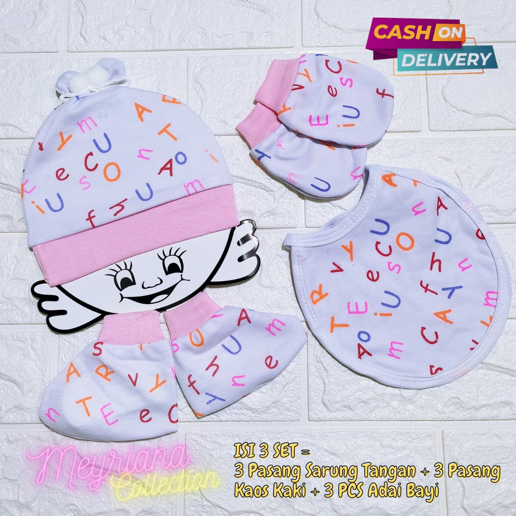 3 Set Kupluk Topi Bayi Bayi Baru Lahir /3 Pasang Sarung Tangan / 3 Pasang Sarung Kaki Komplit Motip Abjad Bayi Baru Lahir / Slaber Adai Bayi ( Kupluk + Kaos Tangan + Kaos Kaki + Slaber ) Meyriana Collection