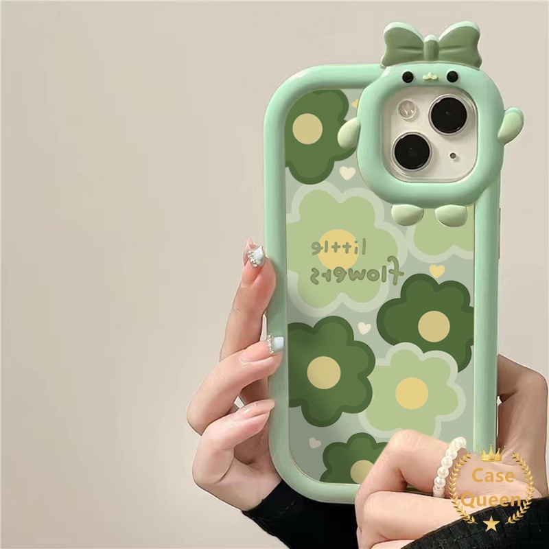 Casing Oppo A17 A95 A16K A16E A52 A92 A96 A7 A5S A12 A3S A12E A53 A74 A17K A76 Reno 5 5F 4F A55 A16s A15 A15s A16 A57 A5 A9 A54 A31 Bow-knot Little Monster Fresh Green Flower Case