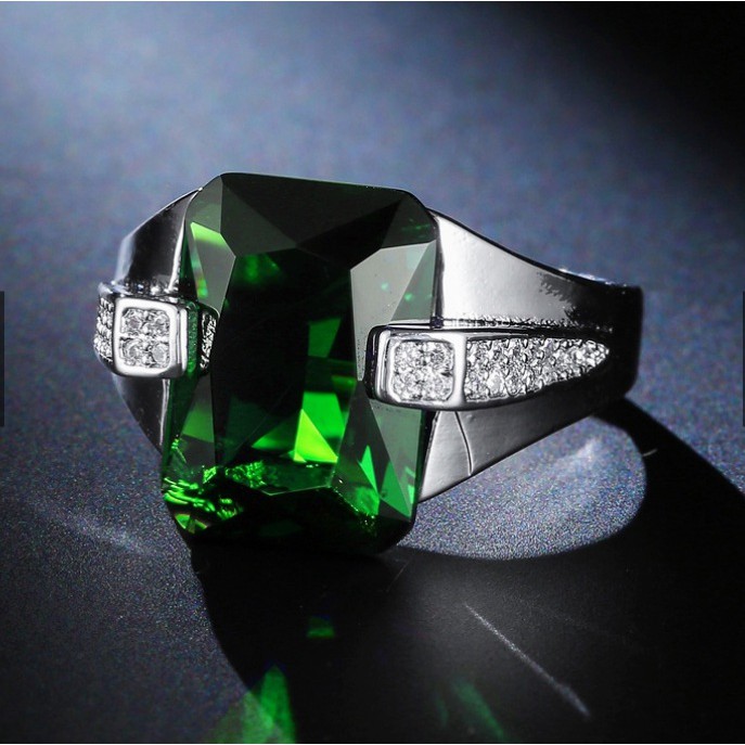 Cincin Pria Wanita Standar Lapis Perak Batu Zircon Persegi Biru Hijau