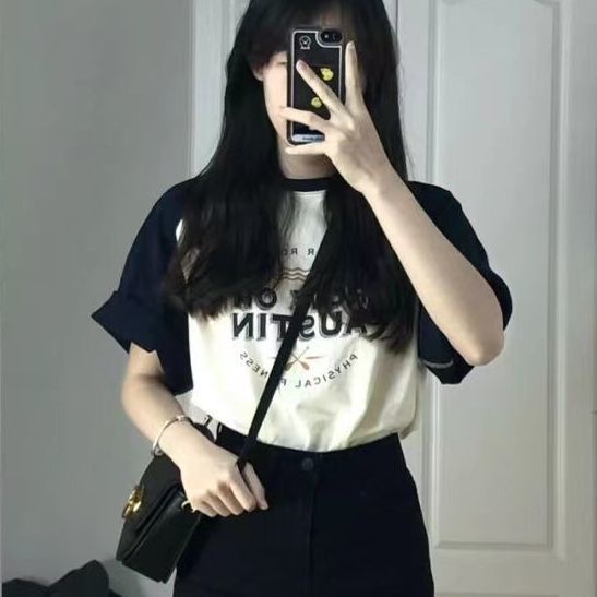 Suhao 100% Murni Cotton Lengan Pendek T-Shirt Wanita Versi Korea Loose Kokucho Brand American Vintage High Street Mewarnai Atasan Orang Kecil Manis dan Spicy