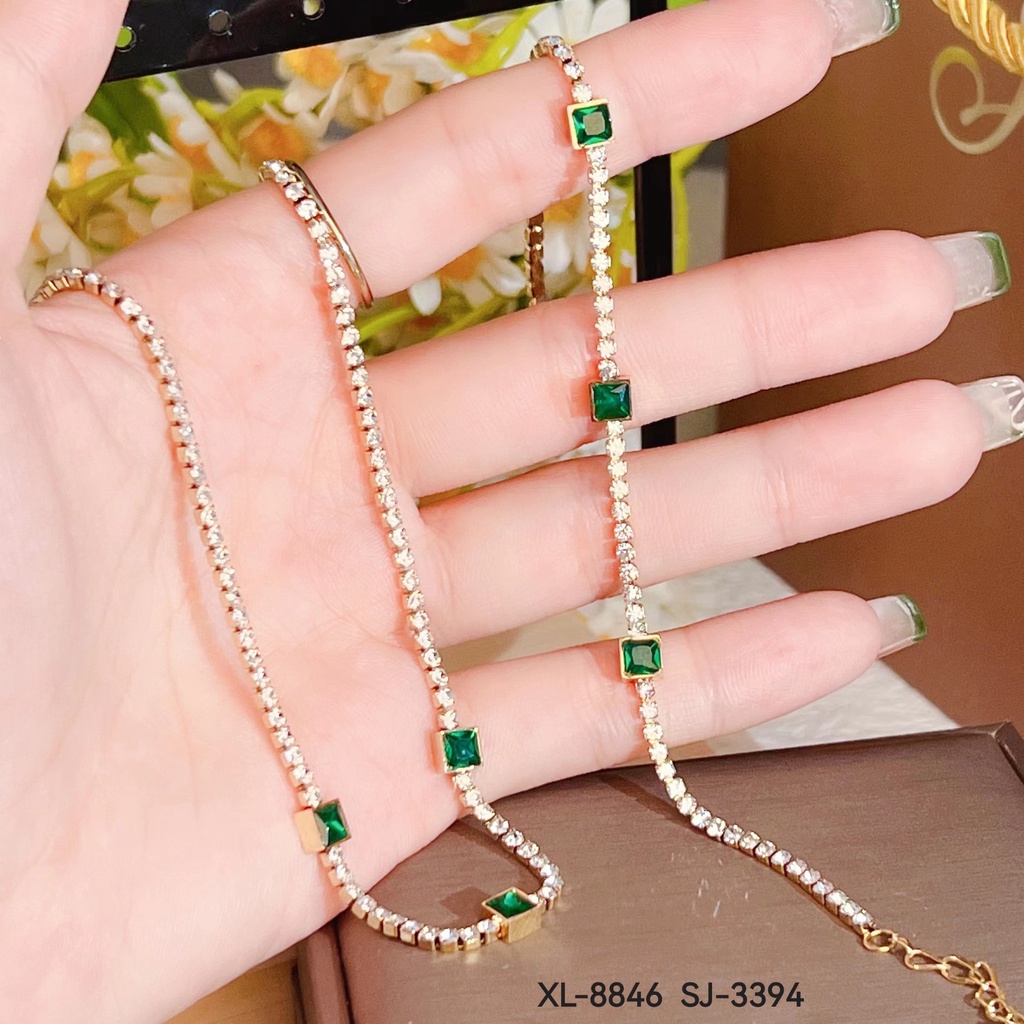 Set Titanium Kalung Dan Gelang Permata Hijau PerhiasanFashion 3394/8846