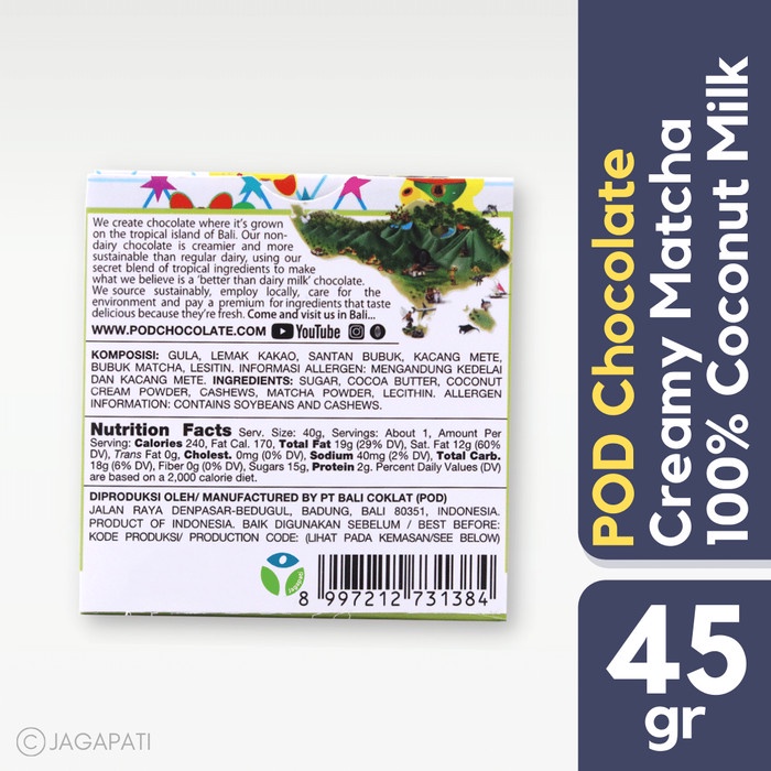 

COKELAT- POD CHOCOLATE - MATCHA 45GR - COKLAT SEHAT -COKELAT.