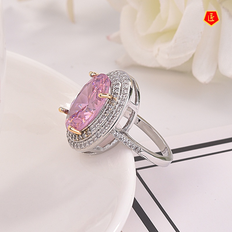 [Ready Stock]Micro-Inlaid Pink Diamond Ring Elegant Personality