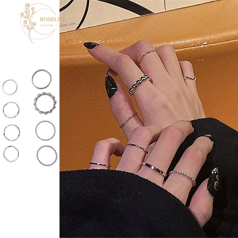 Roselife 8PCs/Set Vintage Geometric Knuckle Rings Set for Women Girls Korean Style Boho Midi Rings Ins Trendy Finger Jewelry Set