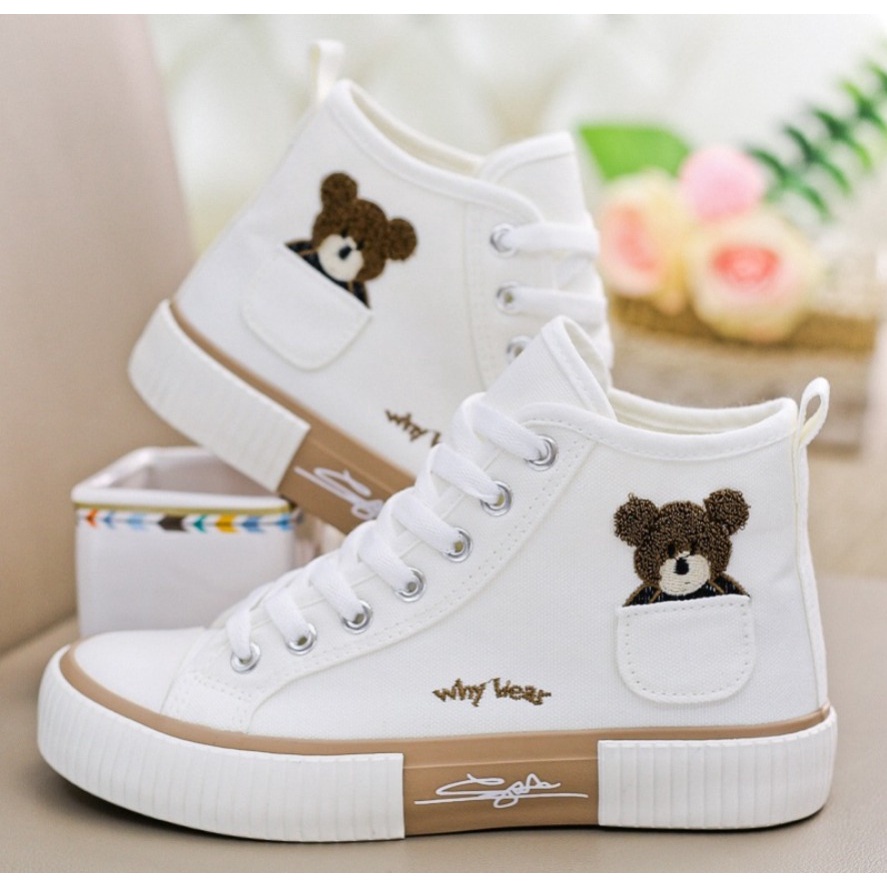 Sepatu Kanvas Import RWS 9222 Wanita Motif Bear / Sneakers High Bear sepatu papan serbaguna