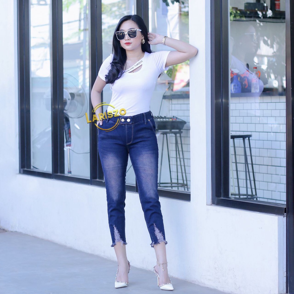 (27-34) VIRGO JEANS // ELLEN JEANS / CELANA JEANS 7/9 WANITA RUBBER 2 BUTTON / PINGGANG KARET