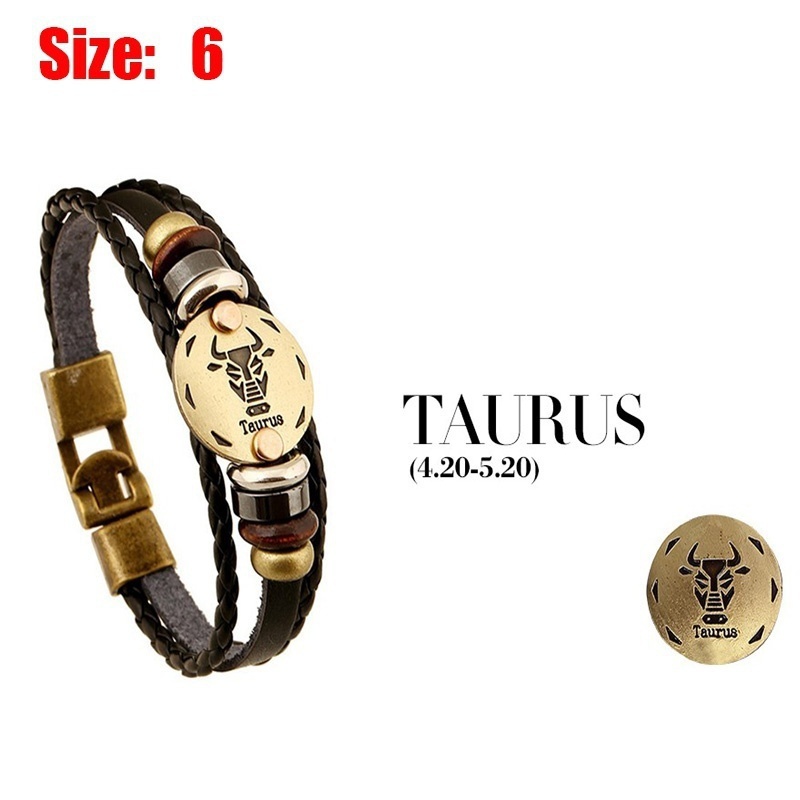 [Z H Perhiasan] Hip Hop Rock Retro Pria Fashion Stainless Steel12Rasi Bintang Multi layer Gelang Kulit Pesta Perhiasan Aksesoris