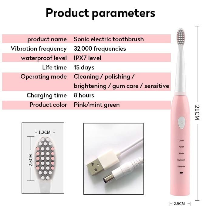 Sikat Gigi Elektrik USB Charger Sonic Vibration Electric Toothbrush