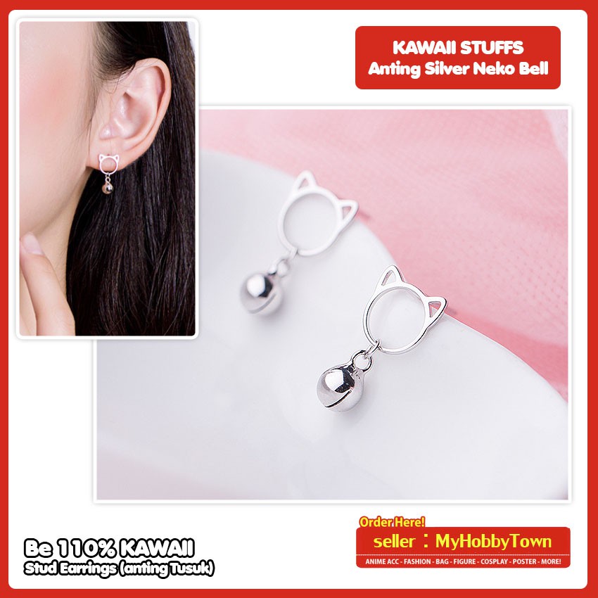 Anting Silver Neko Cat Kucing Bell Lonceng Lucu Kawaii Terlaris