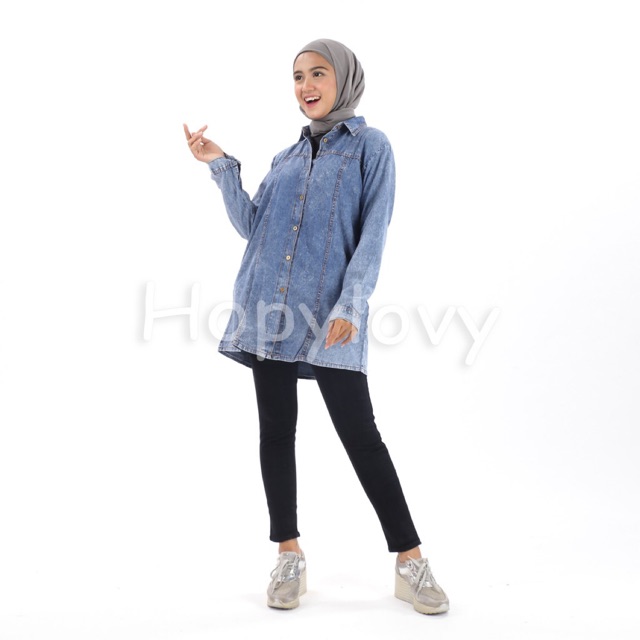 HOPYLOVY - Tunik Lengan Panjang Wanita Bahan Jeans Azkia