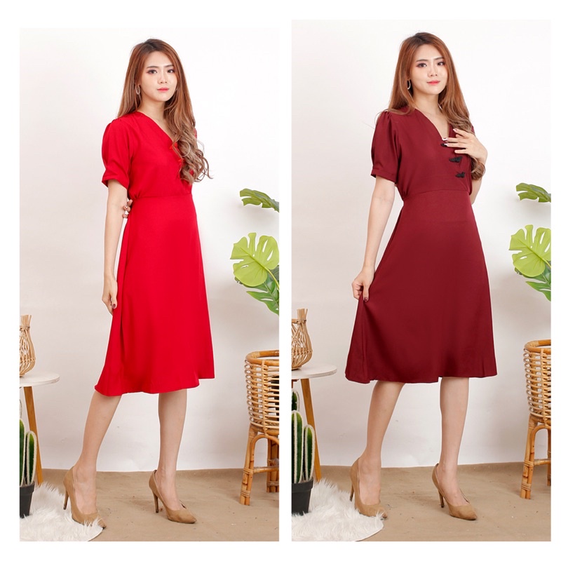 Cheongsam dress merah wanita / dress qipao imlek cny merah polos / dress v neck maroon cantik / 2762