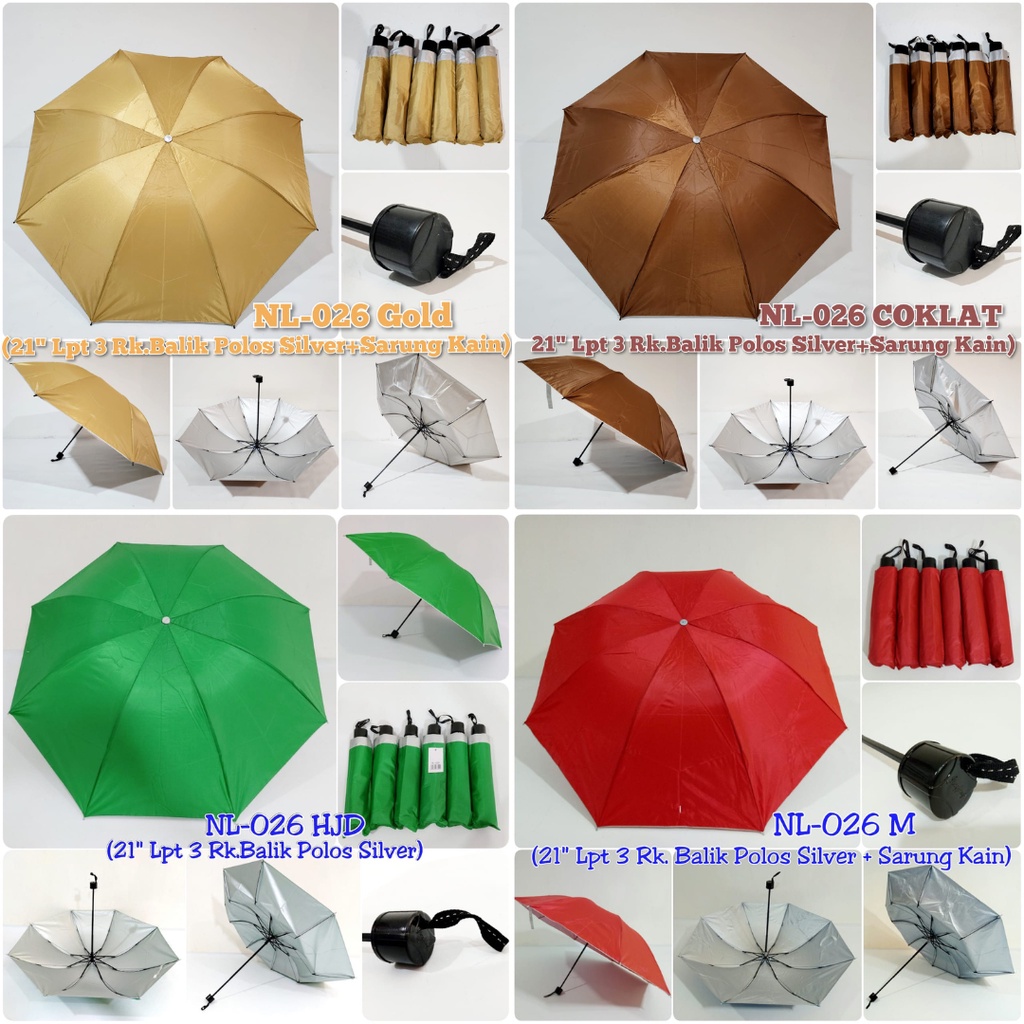Payung Lipat 3 Rk.Balik Polos Anti UV Premium + Sarung kain / NAGOYA NL-026