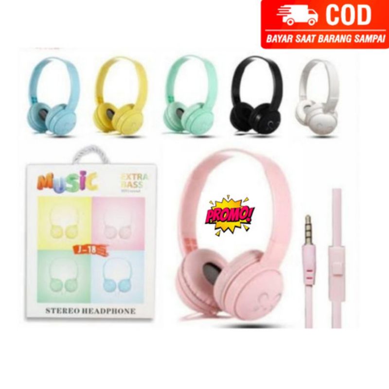 HEADSET BANDO J-18/J18 STREO HEANDPHONE / HEANDPHONE MACARON CARTON EXTRA BASS