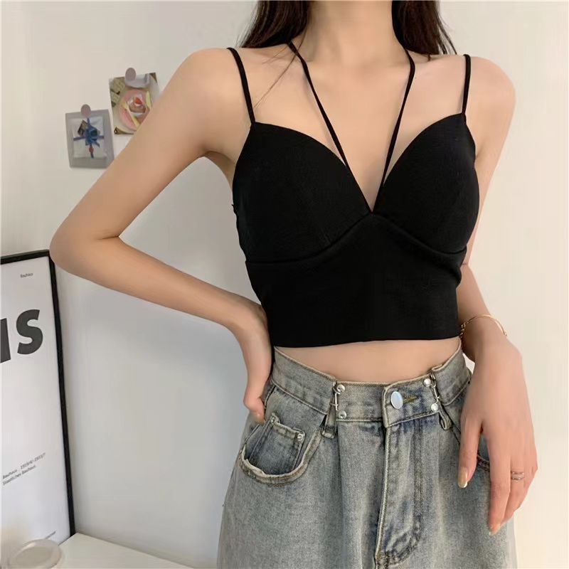 Women Bralette Crop Halter Tank Top Bra Wanita Dengan Tali Bagian Depan 2020