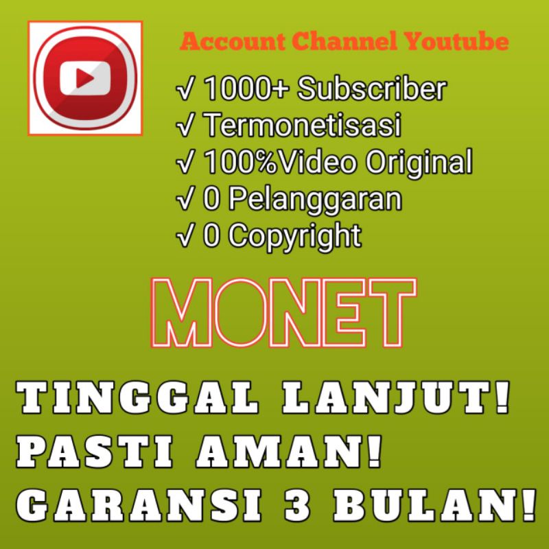 Account channel YouTube Monet video original bergaransi (vocer)