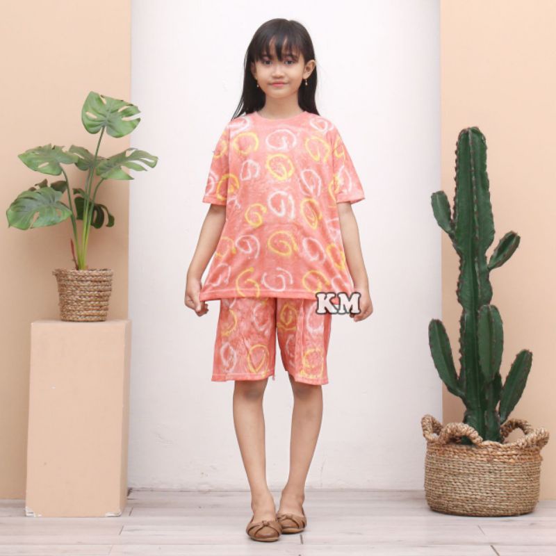 Setelan Anak Kaos Perempuan 8-12 Tahun Motif Tiedye Abstrak Baju Tidur Piyama Anak Kekinian