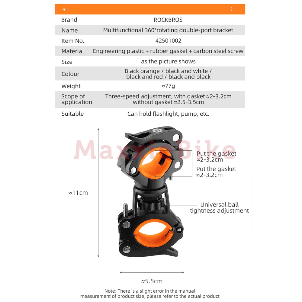 ROCKBROS DJ1001 Bracket Lampu Sepeda Bicycle Rotating Light Double Holder Quick Release