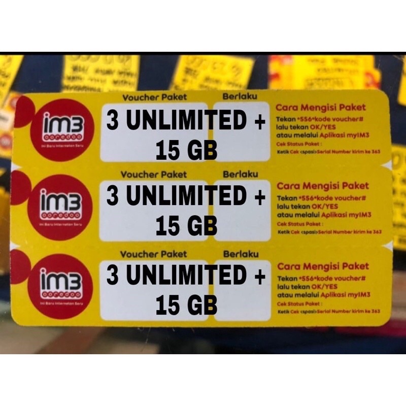 VOUCHER 3UNLIMITED+15GB KUOTA ALL APLIKASI 30hari