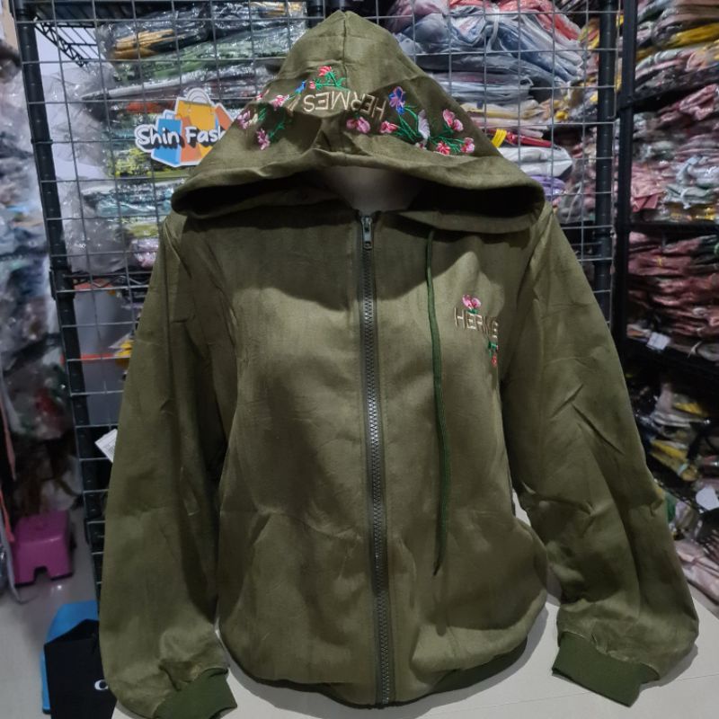 Jaket Suede Import Wanita Fashion XL Besar-Herm Bunga Army
