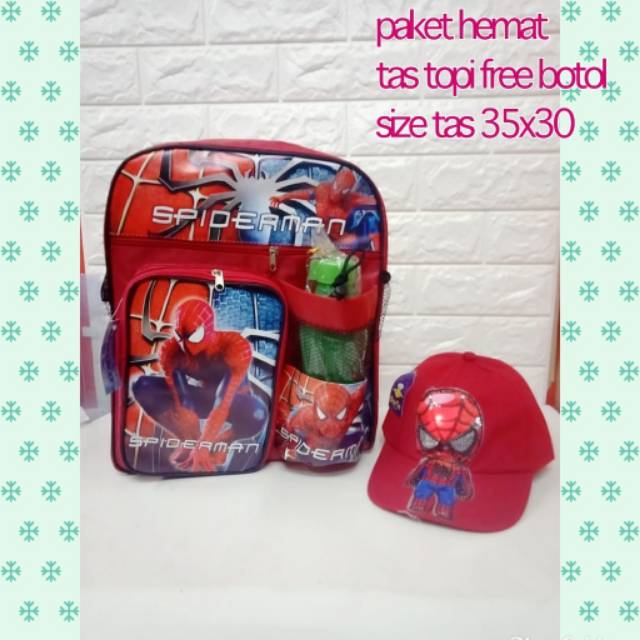 Tas Sekolah Anak Laki-Laki Ransel Spiderman Gratis Botol Minum Plus Topi Led