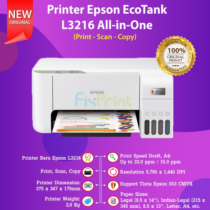 Printer Epson L3210 L3216 Print Scan Copy Pengganti Printer L3110 Tinta 003 C13T00V Printer Scan Copy Print Inkjet Infus AIO