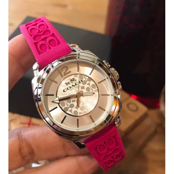 Jam Tangan Wanita Coach Boyfriend 14602092 Silver Dial Pink Strap Watch