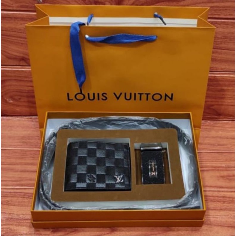 DOMPET + IKAT PINGGANG SET PRIA IMPORT BRAND LV MONO BOX PAPER BAG CARD MURAH AERO SHOP GORONTALO