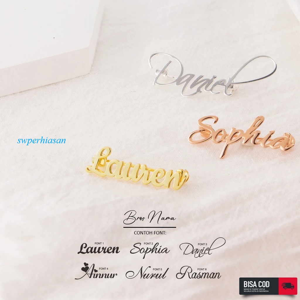 Bros nama ukuran kecil titanium anti karat pin custom nama lapis emas fashion aksesoris wanita